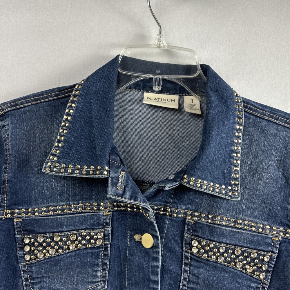 Chicos 1 Platinum Denim Jacket Womens Cropped Rhinestone Bling size Medium - Picture 2 of 12